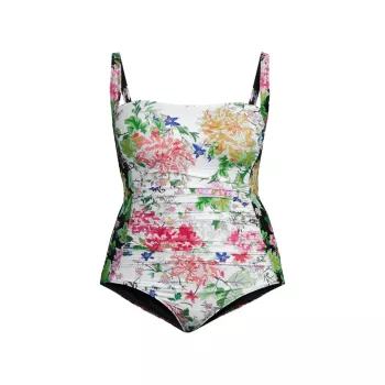 Metalli Ruched Floral One-Piece Swimsuit Johnny Was, Plus Size