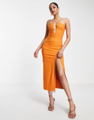 Vesper strappy plunge front midaxi dress with thigh split in burnt orange Vesper