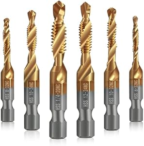 Junreox 6 Pack Combination Drill and Tap Set, Professional HSS Titanium Thread Tap Drill Bit Set in SAE 6-32nc 8-32nc 10-32nc 10-24nc 12-24nc 1/4-20nc, Quick Change Screw Tapping with 1/4” Hex Shank Junreox