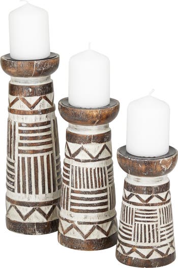 Brown Wood 3-Piece Candle Holder Set GINGER AND BIRCH STUDIO