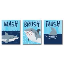 Big Dot of Happiness Shark Zone - Kids Bathroom Rules Wall Art - 7.5 x 10 inches - Set of 3 Signs - Wash, Brush, Flush Big Dot of Happiness