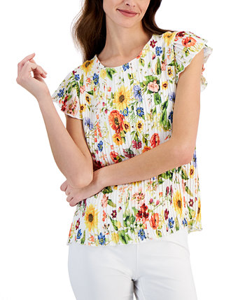 Women's Floral-Printed Flutter-Sleeve Pleated Top T Tahari