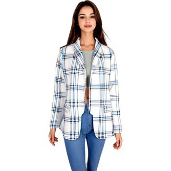 Women's Open Front Plaid Blazer Coat Jacket Long Sleeve Mock Front Pockets Formal Work Attire Anna-Kaci