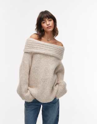 Женский Свитер Topshop Oversized с Открытыми Плечами в Цвете Овсянки TOPSHOP