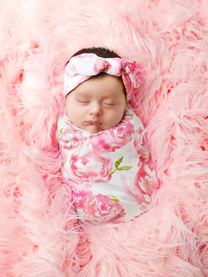 для новорождённых Одеяло с цветочным принтом и повязка на голову для фотографий SHEIN