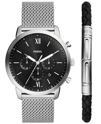 Мужские нейтральные часы с хронографом серебристого цвета из нержавеющей стали, сетчатые часы 44 мм и подарочный набор в коробке с браслетом Fossil