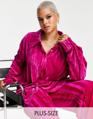 In The Style Plus exclusive velvet oversized shirt in pink - part of a set In The Style Plus