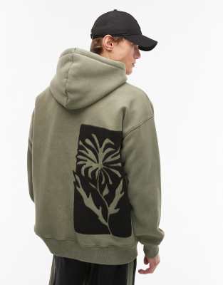 Topman oversized fit hoodie with front and back floral block chenille embroidery in washed khaki TOPMAN