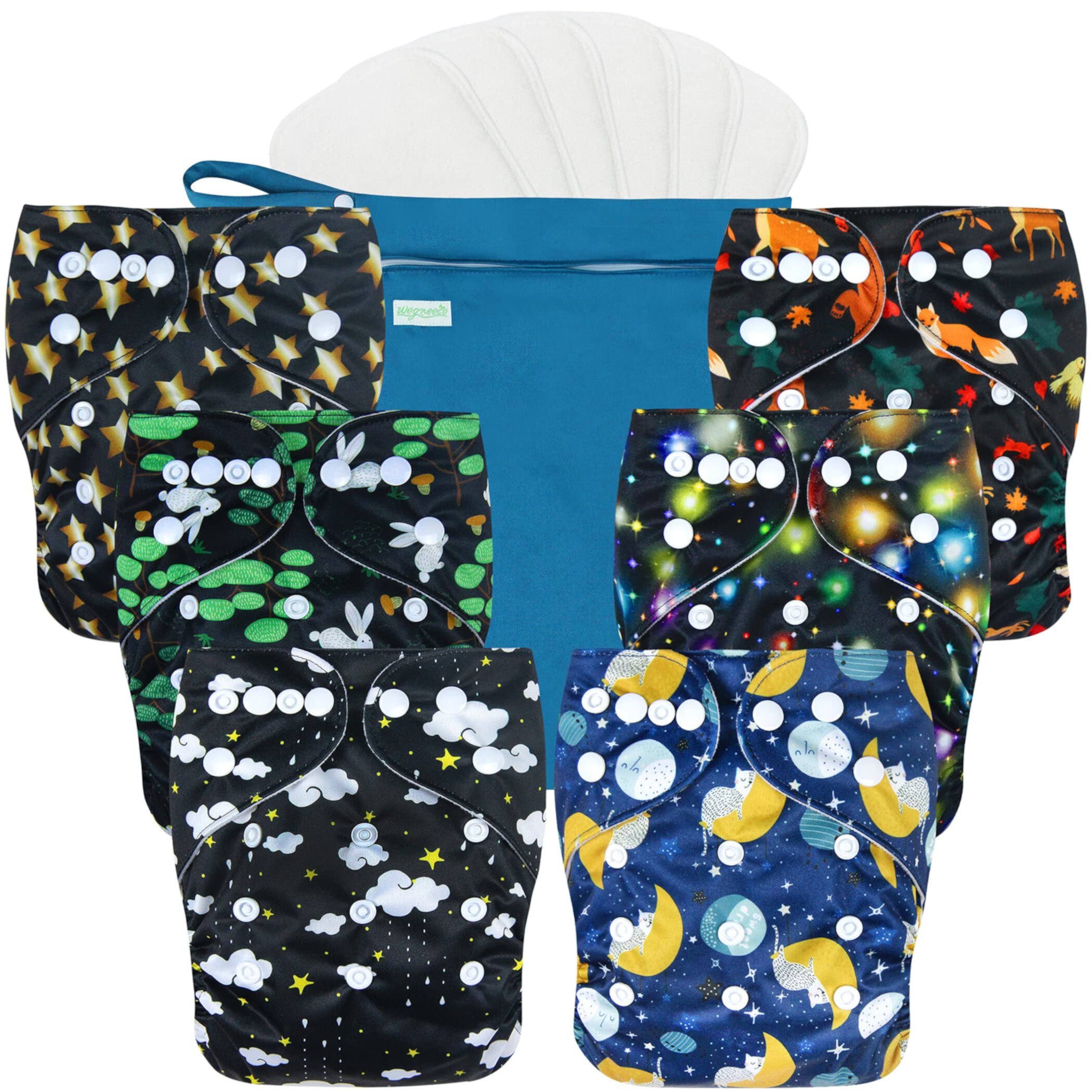 Wegreeco Washable Reusable Baby Cloth Pocket Diapers 6 Pack + 6 Bamboo Inserts (with 1 Wet Bag, Leaves, Animals) Wegreeco