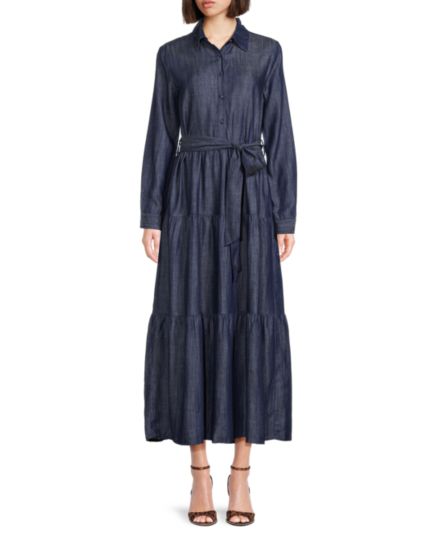 Ярусное платье-рубашка из шамбре с завязками на талии YAL New York