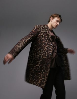 Коричневое длинное пальто из шерсти с леопардовым принтом Topman TOPMAN