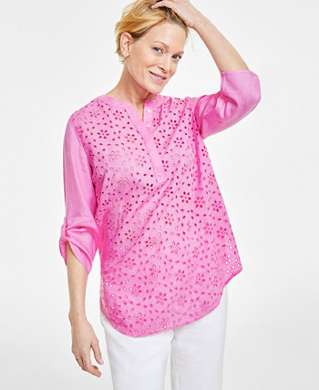 Women's 100% Linen Woven Popover Tunic Top, Created for Macy's Charter Club