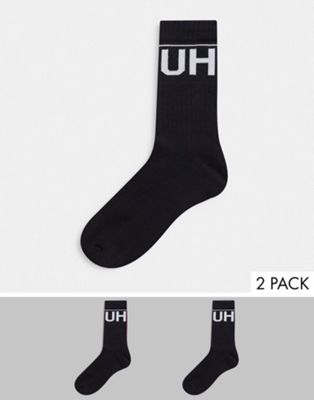 Набор из двух пар черных спортивных носков в рубчик с большим логотипом HUGO Bodywear HUGO Bodywear