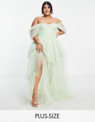 Lace & Beads Plus exclusive off shoulder tulle tiered maxi dress in sage green Lace & Beads Plus