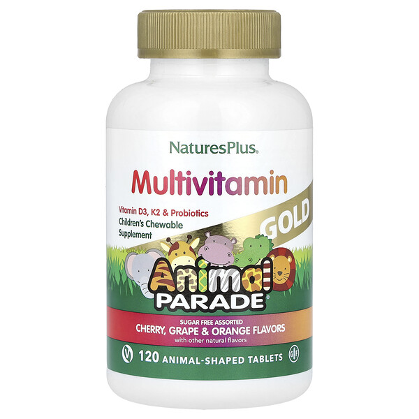 Animal Parade Gold, Children's Chewable Multivitamin Supplement, Cherry, Grape & Orange, 120 Animal-Shaped Tablets (Таблетки) NaturesPlus