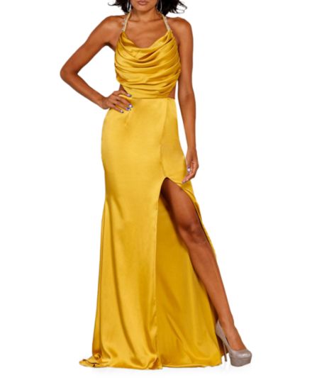 Cowlneck High Slit Satin Gown Terani Couture