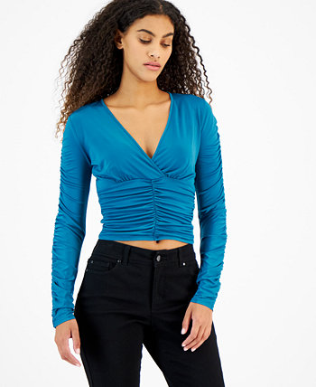 Juniors' V-Neck Ruched Long-Sleeve Top Just Polly