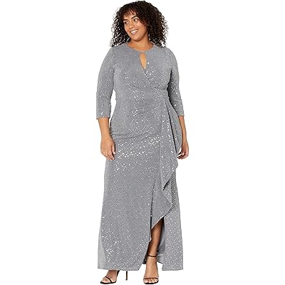 Long Keyhole Neck Metallic Knit Gown with 3/4 Sleeves Side Shirred Skirt Alex Evenings