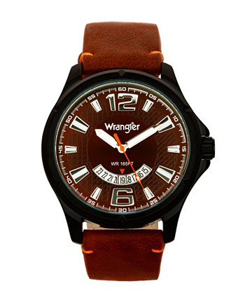 Мужские часы, черный корпус 48 мм IP, коричневый циферблат с зонами, белыми маркерами и вырезом в виде полумесяца с функцией даты, коричневый ремешок с красной декоративной строчкой аналог, красная секундная стрелка Wrangler