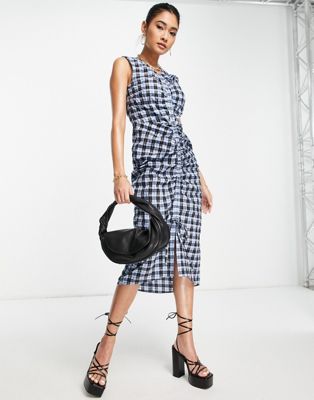 Whistles sleeveless midi dress with ruched front in blue check Whistles