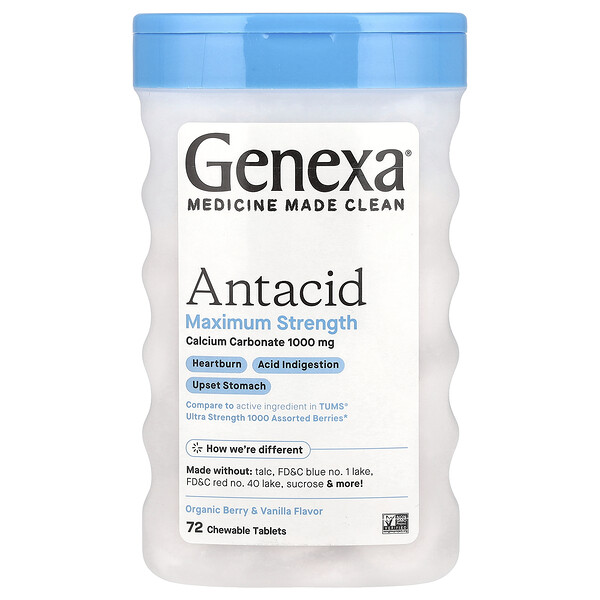 Антацид, максимальная сила, органические ягоды и ваниль, 72 жевательные таблетки Genexa