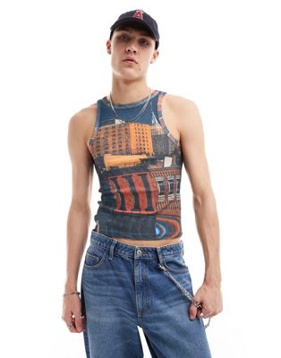 COLLUSION mesh tank top with city scape in shrunken fit Collusion