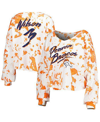 Женские нитки Russell Wilson Бело-оранжевая футболка Denver Broncos с открытыми плечами и рисунком тай-дай с именем и номером Укороченная футболка с длинными рукавами и v-образным вырезом Majestic