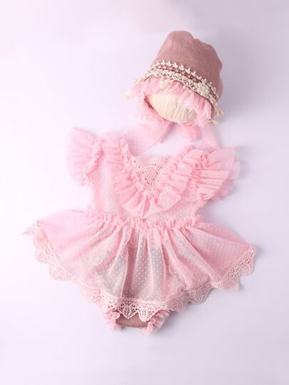 для новорождённых с аппликацией кружевной Платье-боди с шапкой Наряд для фотографий SHEIN