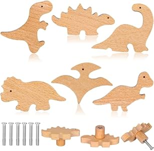 Whaline 6Pcs Wooden Dinosaur Cabinet Knobs with Screws Decorative Dino Theme Dresser Knobs Natural Wood Animal Furniture Knobs for Nursery Drawer Handles Room Dresser Pulls Decor Whaline