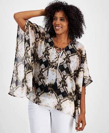 Women's Lace-Up V-Neck Asymmetic-Hem Poncho Top, Created for Macy's J&M Collection
