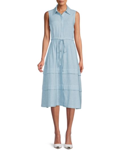 Полосатое платье-рубашка миди из смеси льна Calvin Klein