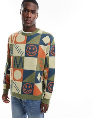 Объемный свитер ворсованной вязки с принтом по всей поверхности ASOS DESIGN цвета хаки и оранжевого цвета ASOS DESIGN