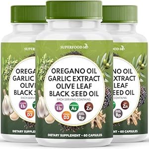 Oregano Oil 6000mg Garlic Extract 4000mg Olive Leaf 3000mg Black Seed Oil 3000mg Astragalus-Immune Support & Digestive Health Supplement for Women and Men- 60 Count Superfood MD