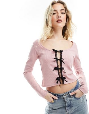 Miss Selfridge long sleeve top with lace and bows in pink Miss Selfridge