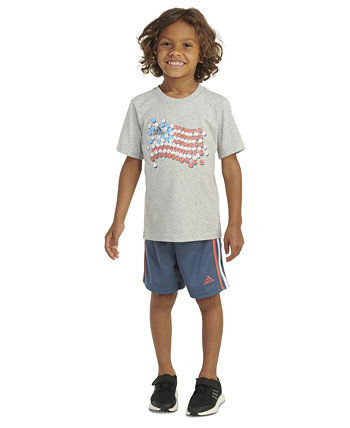 Little & Toddler Boys Graphic Heather T-Shirt & 3-Stripes Shorts, 2 Piece Set Adidas