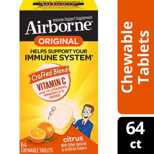 Жевательные таблетки с цитрусовыми, витаминами С и Е, цинком, иммунной поддержкой -- 64 жевательные таблетки AirBorne