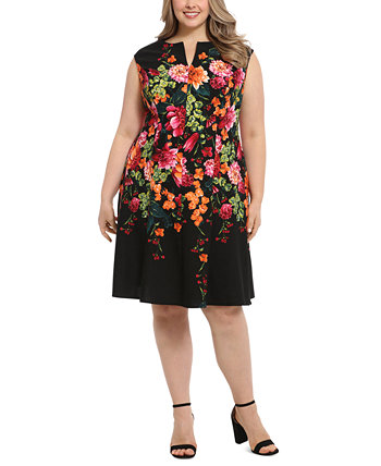 Plus Size Split-Neck Floral-Print Fit & Flare Dress London Times