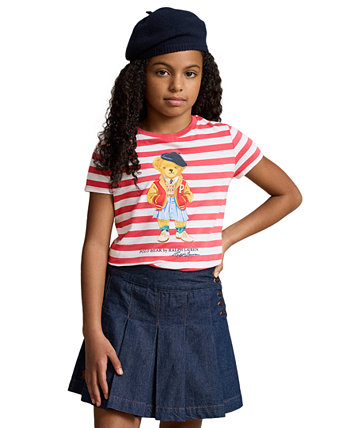 Полосатая футболка-поло с изображением медведя для больших девочек из хлопкового джерси Polo Ralph Lauren