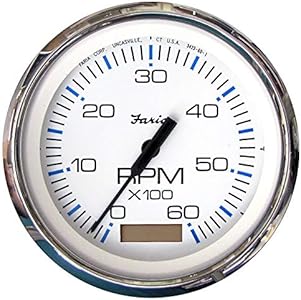 Faria Beede 33832 Chesapeake Stainless Steel Tachometer with Hourmeter (6000 RPM) Gas - 4', White Faria