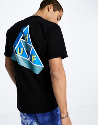 Черная футболка с тройными треугольниками на основе HUF с принтом на груди и спине HUF