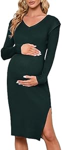 KOJOOIN Women's Maternity V Neck Sweater Dress Rib Knit Long Sleeve Bodycon Side Slit Midi Dress Fall Photoshoot Baby Shower Kojooin