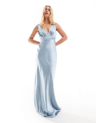 Six Stories Bridesmaid bow back satin maxi dress in dusty blue Six Stories