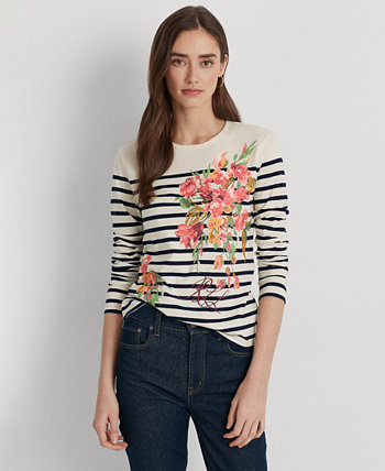 Женская футболка из джерси с длинными рукавами в полоску и цветочный принт, стандартная и миниатюрная Ralph Lauren