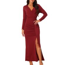 Women's Long Sleeve Maxi Bodycon Dresses V Neck Draped Front Ruched Cocktail Party Dress with Slit Seta T