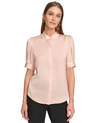 Женская блузка с объемными рукавами, воротником-стойкой и закрытой планкой DKNY