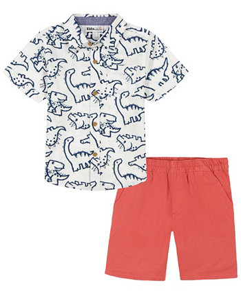 Поплиновая рубашка с короткими рукавами с принтом динозавра для маленьких мальчиков и саржевые шорты, комплект из 2 предметов Kids Headquarters