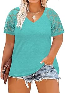 DOLNINE Plus-Size-Tops for Women Summer V Neck Casual Shirts Lace Short Sleeve Tees DOLNINE