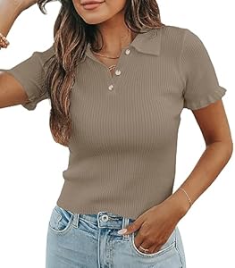 Womens Short Sleeve Sweater Tops V Neck Button Collared Ribbed Knit Pullover Shirt Slim Cropped Fall Blouse Tee MURMUREY