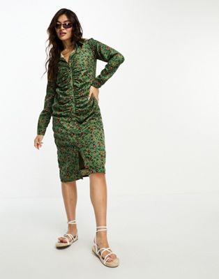 Зеленое платье миди со сборками Goddiva с цветочным принтом Goddiva