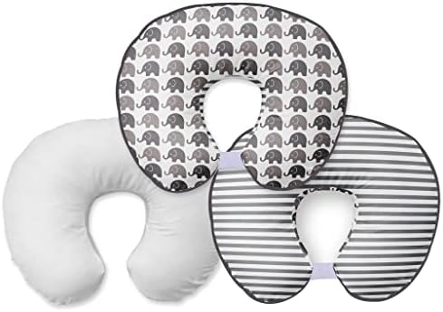 Bacati — набор для кормления/кормления из 3 предметов, включающий 1 подушку с полиэтиленовым наполнителем и 2 чехла на подушки для кормления, изготовленные из ультрамягкой ткани из 100% хлопка. Модный двусторонний дизайн (серый слон). Bacati